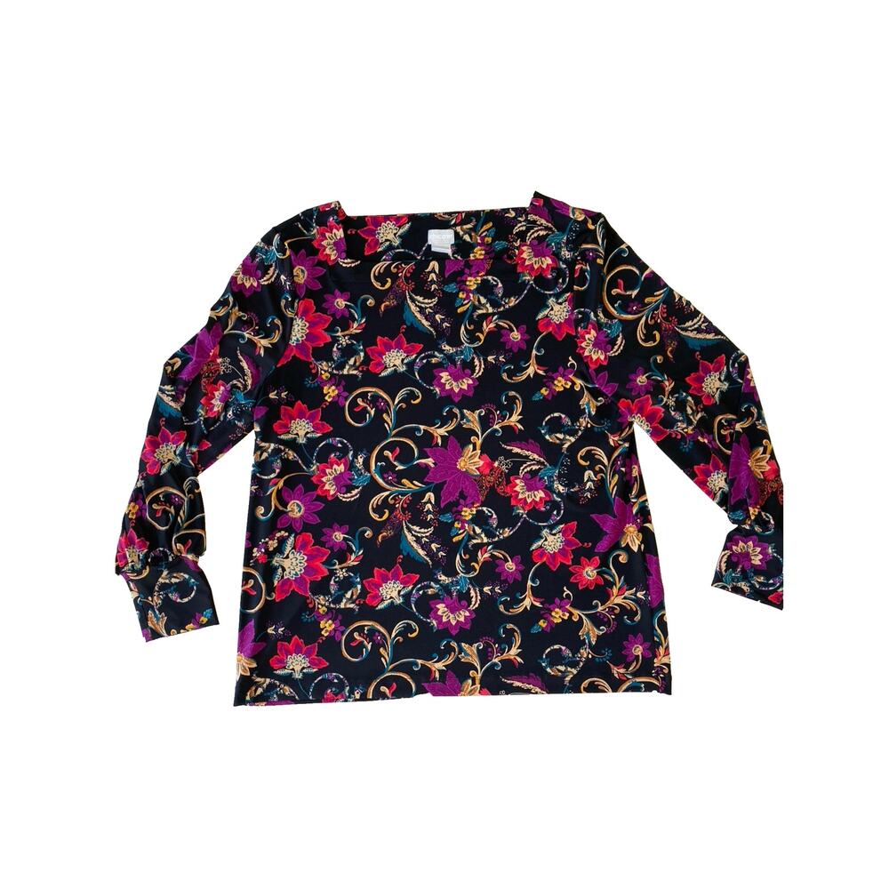 Chicos Blouse Womens Size 2 Large Multicolor Floral Career Office Stretch Shirt